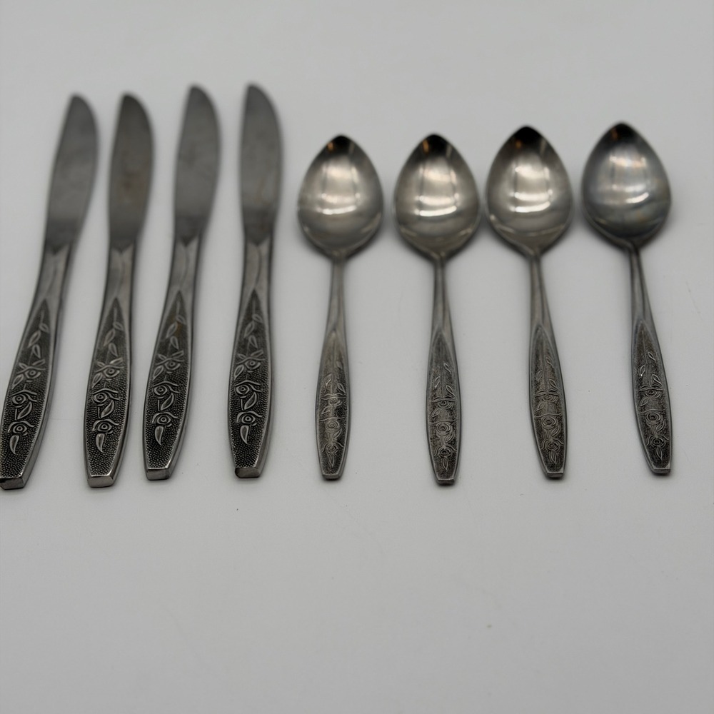 Customcraft Stainless Taiwan Rose Floral Flatware 8pc Set 4 Knives 4 Spoons MCM